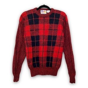VINTAGE 100% Shetland Wool Buffalo Plaid Check Outdoor Winter Hiking Sweater M